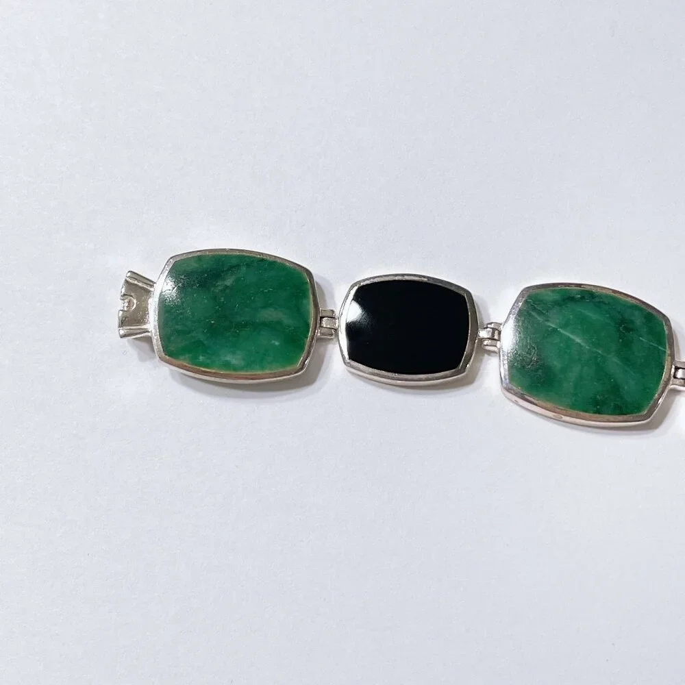 Sterling Silver Green & Black Stone Link Bracelet - Picture 7 of 9